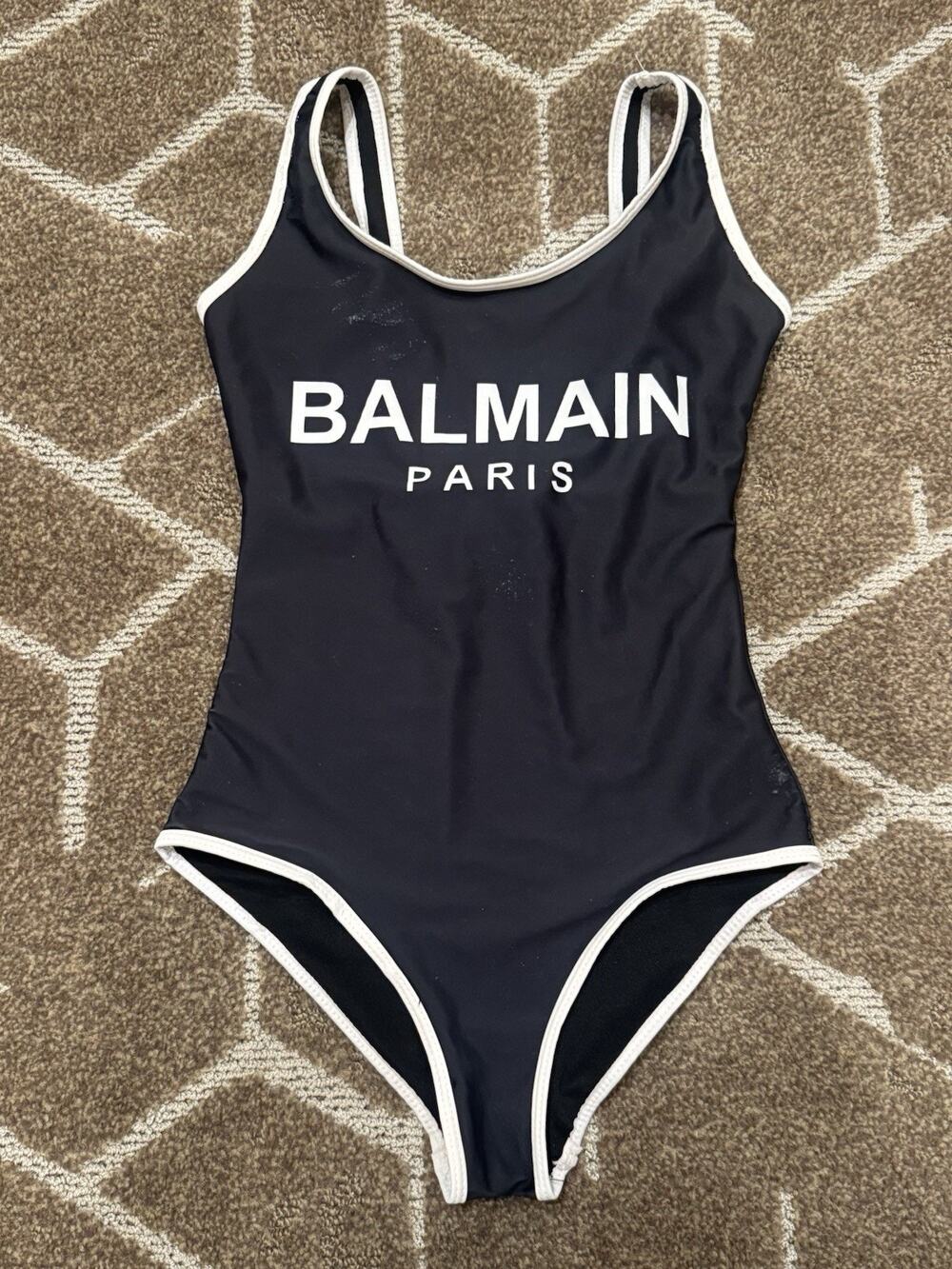 Balmain Paris Black & White Logo One-Piece Swimsuit Italy Ref T500-B433U Size S